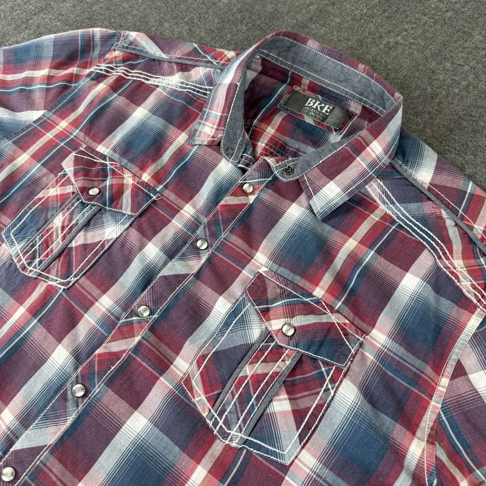 BKE Athletic Fit Pearl Snap Shirt Mens XXL Plaid Western Short Sleeve Red Blue